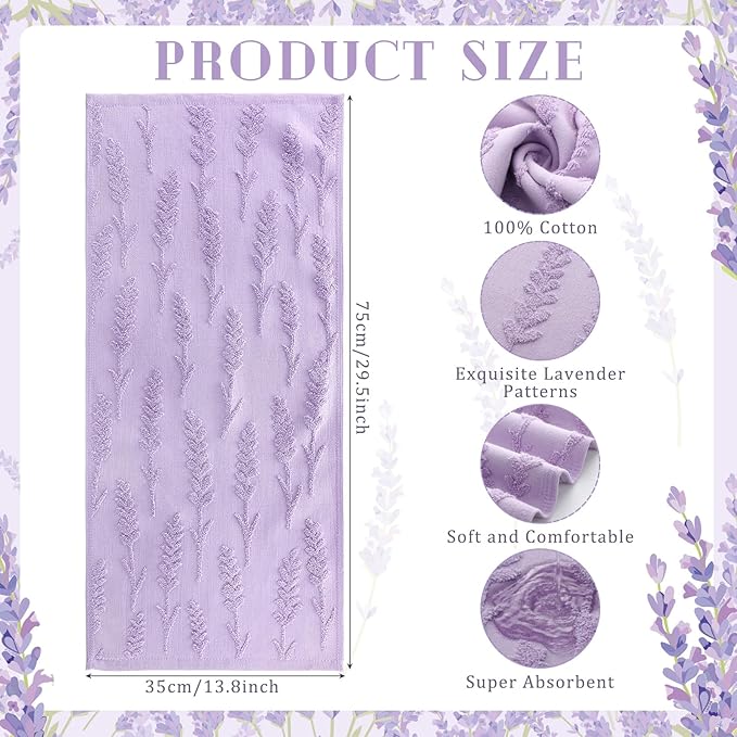 2 Pcs Lavender Hand Towels for Bathroom Purple Lavender 100% Cotton Jacquard Weave Bath Towel Set Soft Absorbent Dish Washcloth for Summer Women Bathroom Kitchen Gifts 13.8 x 29.5 Inch