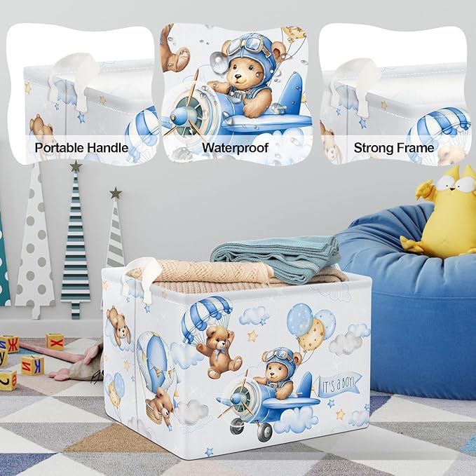 Clastyle 36L Large Blue Bear Pilot Hot Air Balloon Shelf Basket with Handle Collapsible Rectangle Toy Clothes Storage Basket for Kid Room Nursery, 40 * 30 * 30 cm