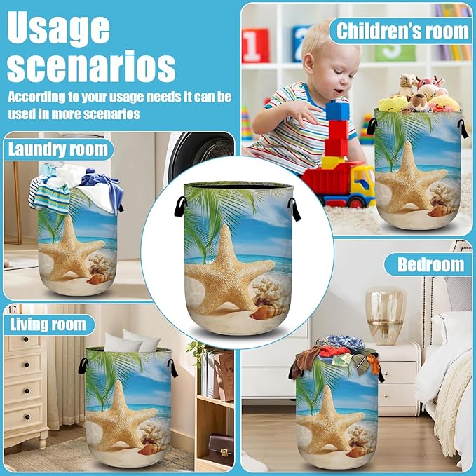 Starfish Seashell Laundry Basket, Ocean Sea Beach Laundry Hamper Collapsible Oxford Cloth with Handle Clothes Toy Storage Bin for Bathroom Laundry Room Bedroom 15.7 X 20 Inch