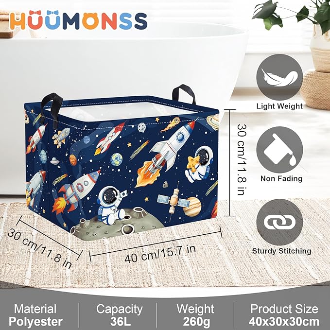 Space Rockets Laundry Hamper Cartoon Astronaut Large Storage Basket Planet Collapsible Parents Organizer Boys Clothes Toy Bins for Bedroom, Bathroom, Blue, 36L