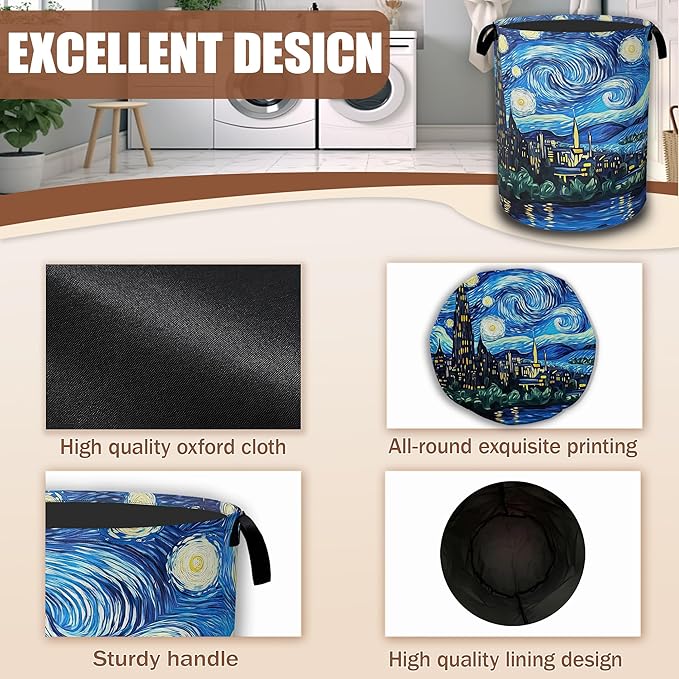 Starry Night Laundry Basket,Waterproof Foldable Laundry Hamper,Dirty Clothes Basket, Linen Bin Storage Organizer Collection 16" x 20.8"