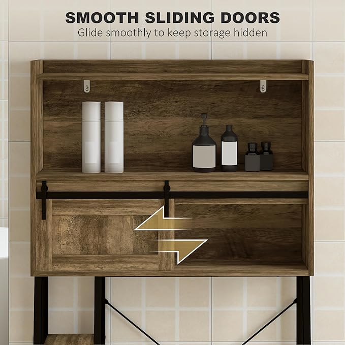 HOMCOM Over The Toilet Storage Cabinet, Freestanding Over Toilet Bathroom Organizer with Sliding Door, 3 Storage Compartments and 4 Open Shelves, Distressed Brown