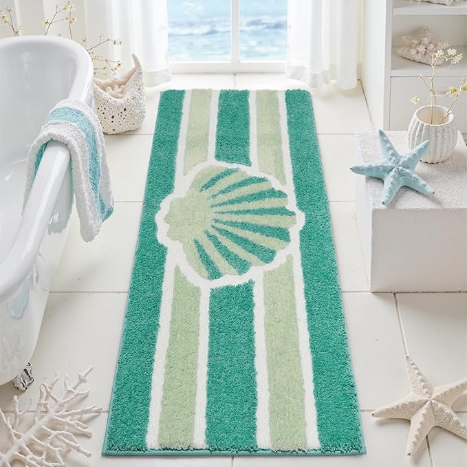 Green Beach Bathroom Rugs Non Slip Washable Cute Coastal Bath Mats Rugs for Bathroom Floor Nautical Fluffy Plush Soft Absorbent Farmhouse Carpet for Shower, Tub, 20x47 inch