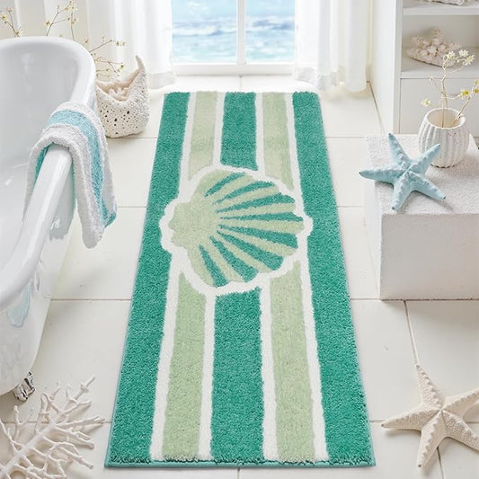 Green Beach Bathroom Rugs Non Slip Washable Cute Coastal Bath Mats Rugs for Bathroom Floor Nautical Fluffy Plush Soft Absorbent Farmhouse Carpet for Shower, Tub, 20x47 inch