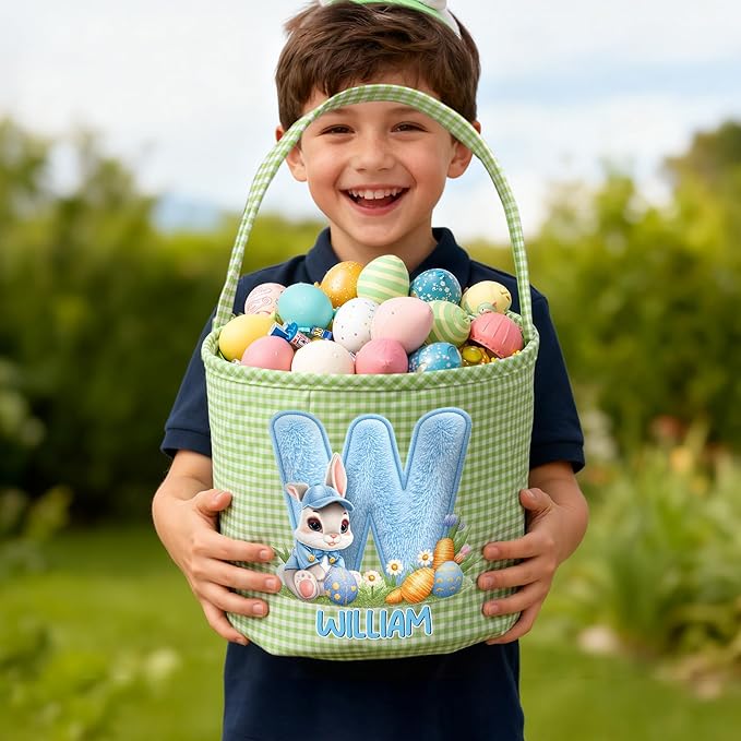 CALLIE Personalized Easter Basket for Kids | 8.8" Custom Easter Basket with Name Rabbits Plaid Design | First Easter Spring Basket Gift