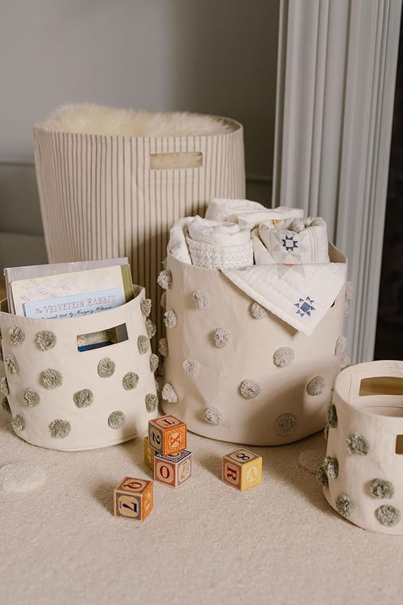 Pehr Pom Pom Trio Bundle, Grey | Bin, Pint & Mini | 100% Cotton Canvas, Handmade Decorative Organizers | Stylish Nursery & Playroom Storage, Durable & Functional