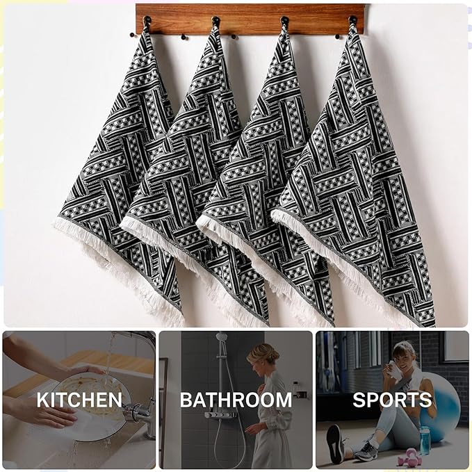 4-Pack Cotton Bathroom Hand Towels – Boho Hand Towel Set with Luxury Jacquard Weave & Fringe Decor, 13"x29"Absorbent Soft Face Set for Kitchen, Bathroom, Guest Tea Gift, Hotel, Farmhouse (Brown,White)