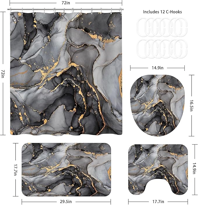 4 Pcs Black Marble Shower Curtain Sets with Rugs Gold Bathroom Sets with Shower Curtain and Rugs Modern Abstract Bathroom Decor Accessories Shower Curtains for Bathroom Toilet Lid Cover