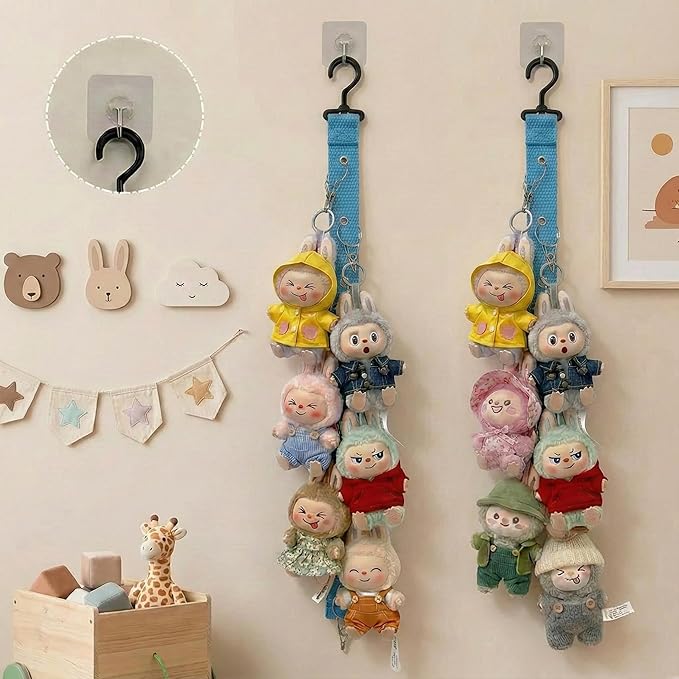 Plush Doll Hanging Storage Rope Display Rack with 8 Clips – Wall Hanging Organizer for Keychain Plushies, Mini Toys– Holds up to 3kg (Blue)