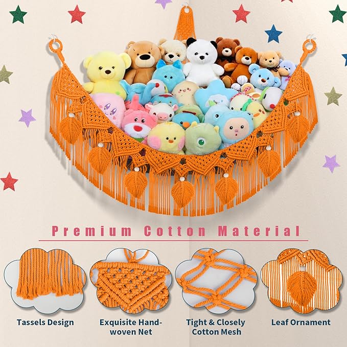 Stuffed Animal Storage Hammock Corner w/LED Star Light, 56'' Large Boho Tassel Leaf Cotton Net Holder for Teddy Plushie, Golden Yellow Nursery Hanging Organizers Toy Hammock Net for Girls Boys Gift
