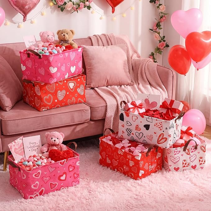 6 Pack Valentine's Day Storage Baskets Waterproof Canvas with Leather Handles Collapsible Storage Bins Cube Baskets for Closet Clothes Room Decor Gift Basket (Heart)