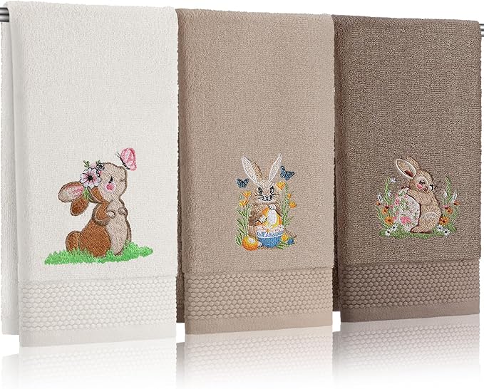 3 Pack Easter Bunny Hand Towels Brown Bathroom Decor 13.4 x 29.2 Inch Cotton Embroidered Bunny with Easter Egg Bathroom Towel Absorbent Decorative for Hand Drying Cleaning Gift