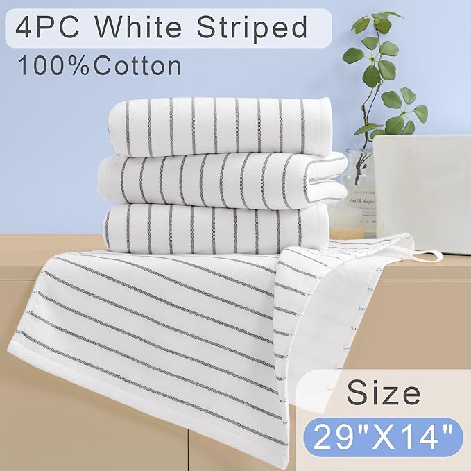 4-Pack Striped Hand Towels, thick 450GSM, Ultra-Absorbent & Quick-Drying ，100% Cotton 13x28 Inch Hand Towels with Hanging Loops, White Background Black Stripe Design for Bathroom & Kitchen