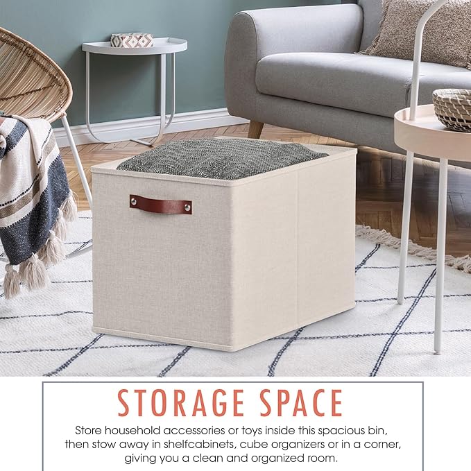 Ornavo Home 13 x 15 x 13 Kallax Storage Cube Bins, Foldable Collapsible Fabric Storage Bins Box Linen Shelf Basket Cube Organizer for Closet with Leather Handles, 6 Pack, Beige