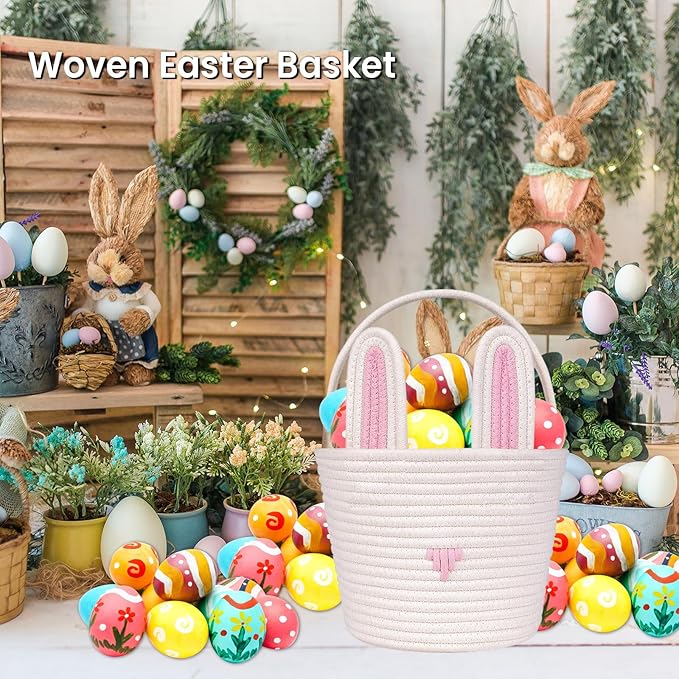 Easter Basket for kids Empty Bunny Egg Baskets With Handle And Ears Easter Gifts Cute Woven Basket (pink)