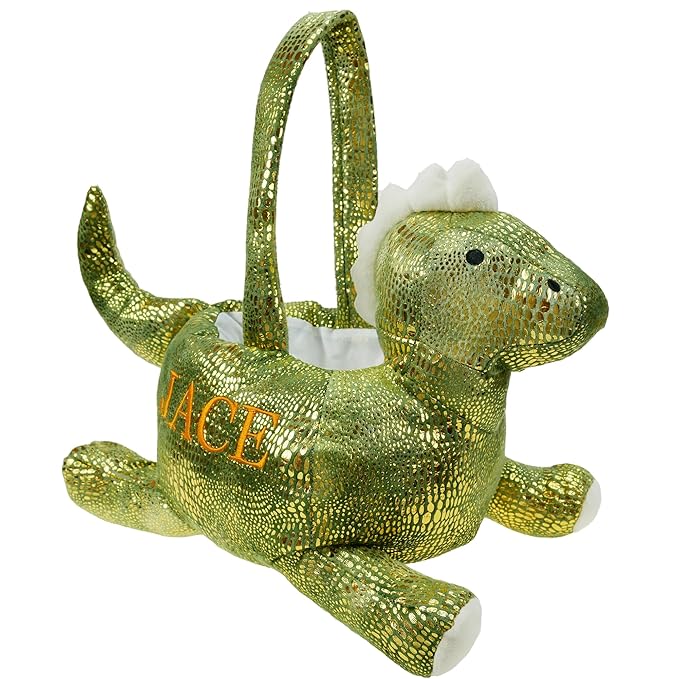 DearSun Plush Dinosaur Basket, Green Glitter, Embroidered Name, Rectangular or Round, Velvet, Perfect for Easter Hunting and Trick or Treat