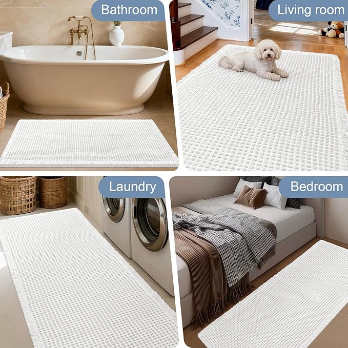 Accumtek Extra Large Waffle Bath Mat, 6'x2' White, Super Absorbent Non-Slip Quick Dry Bathroom Rugs with Tassels, Machine Washable Ultra Soft Boho Bath Rugs for Floor, Toilet Mats Boho Farmhouse Decor
