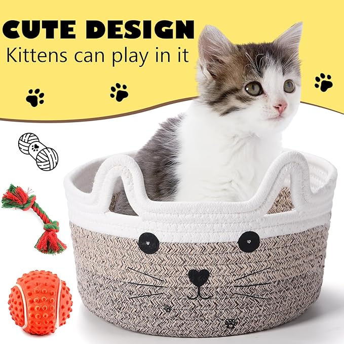 Zopeal Cat Basket Storage Woven Organizer with Ears Christmas Decorative Pet Toy Cute Cotton Rope Basket for Gift Cat Dog Toy Bin Nursery Room(8.3 x 4.7 Inch,Gradient Khaki)