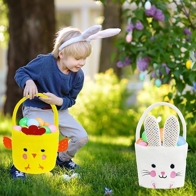 DearSun 2 Pcs Easter Basket Bunny & Chick Plush Baskets, Easter Egg Hunting Basket for Kids Gifts Party Decoration Supplies, Dia 8" * H 15.7"