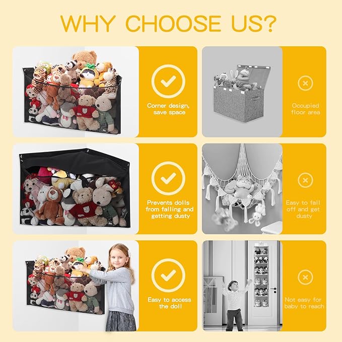 ANROYE 2PCS Large Corner Stuffed Animal Storage, Kids Plushies Toy Black Wall Hammock for Girls Room, Baby Squishmallow Holder for Nursery, Organizer Idea for Bear Hanging Display Boy Gift