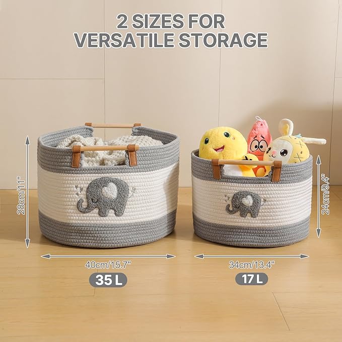 Large Blanket Basket 35L Cotton Rope Basket with Wooden Handles Woven Baskets for Kids Stuffed Animal Toys Storage for Nursery, Laundry Hamper Clothes Baby Hamper Boys Gift Basket Empty, (Elephant ）