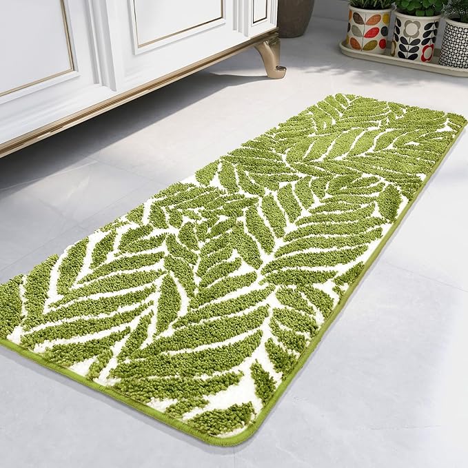 Grass Green Leaf Bathroom Runner - Bath Mats Non Slip Machine Washable Bathroom Decor Water Absorbent Bath Rugs for Sink Bathtub and Shower Leaves 18" x 47"