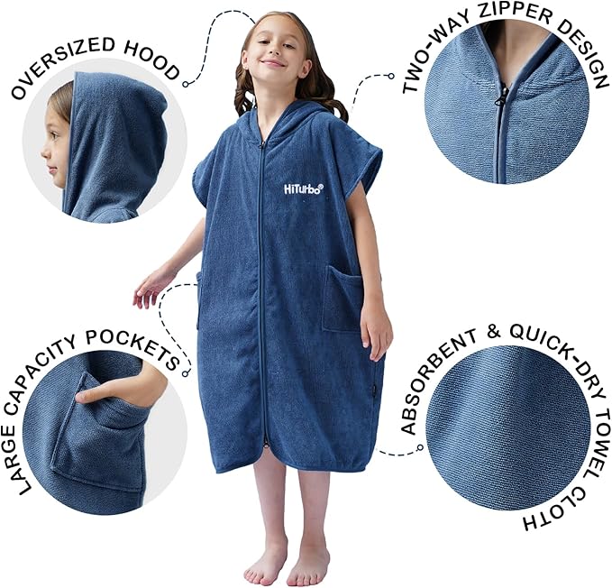 Hiturbo Kids Bath Towel Hoodie: Absorbent Quick Dry Zipper Surf Poncho - Changing Towels Swimming Outerwear (Navy Blue)