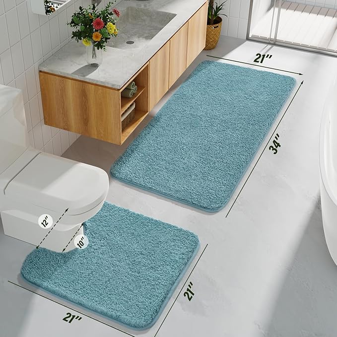 HOMORE Bathroom Rug Set 2 Piece, Soft Absorbent Bath Mats Set,Machine Washable Spa Blue Bath Rug Sets for Bathroom Non Slip,(21"x34"+21"x21") Plush Shaggy U Shape Contour Toilet