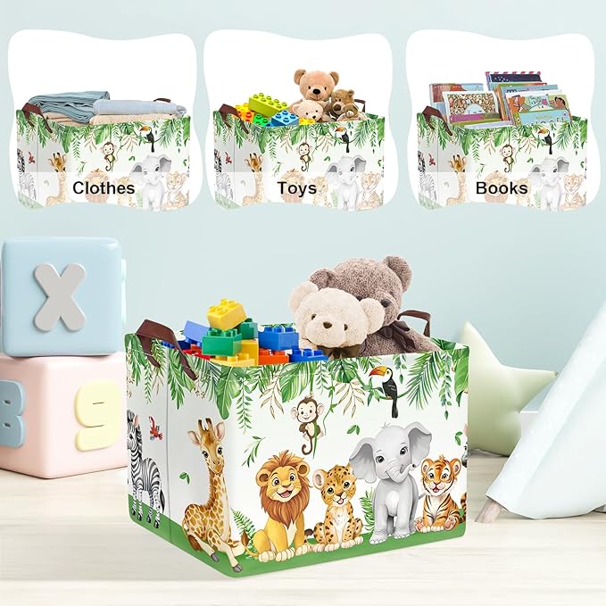 Clastyle Safari Animal Laundry Basket Leaf Kids Clothes Book Storage Basket Gift Toy Box for Bedroom Decor,Elephant Lion Giraffe,40x30x30 cm
