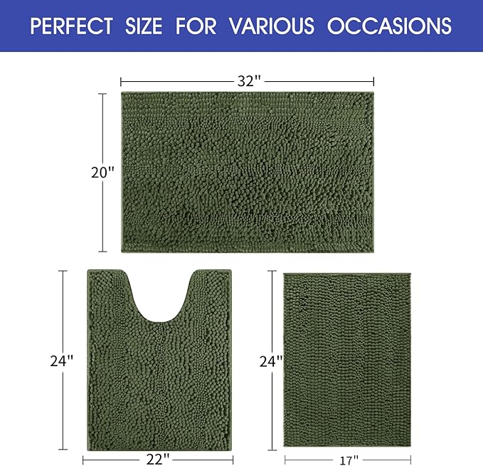 ACCUMTEK Christmas Striped Oliver Green Bathroom Rug Set 3 Pieces Ultra Soft, Non Slip Chenille Toilet Mat, Absorbent Plush Shaggy Bath Mats for Bathroom, Bedroom, Kitchen
