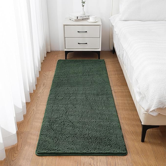 Hunter Green Bathroom Rugs 24"x72" - Long Plush Chenille Non-Slip Runner Bath Mat - Absorbent, Washable, Soft Decor for Shower, Sink, Tub, Kitchen, Floor, Home Accessories