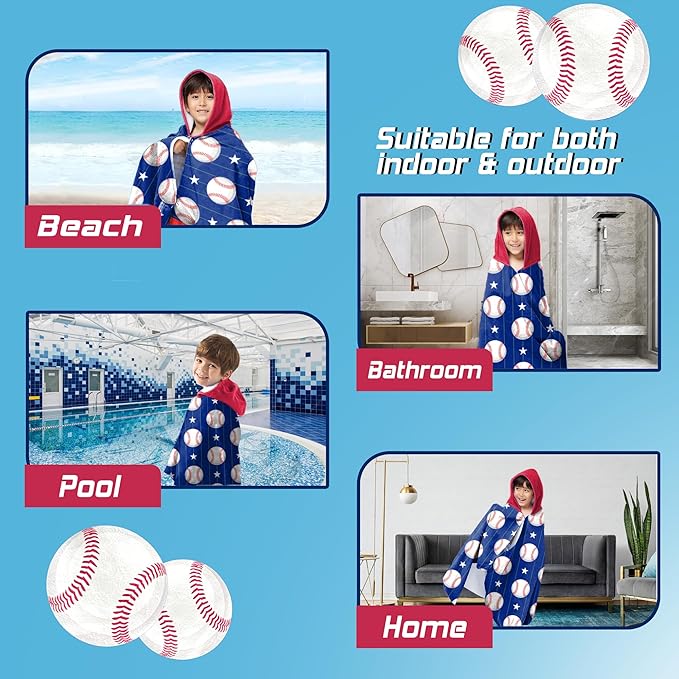 Hooded Towels for Kids -Toddler Beach Towel- Super Absorbent & Quick Dry 100% Cotton 35x60 Inch - to Kid Ages 3-12-Baseball Pattern Design