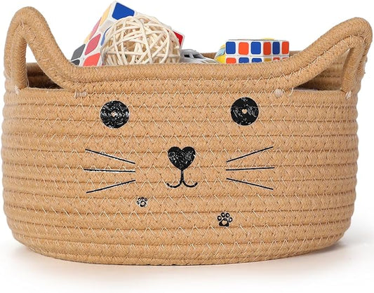 Zopeal Cat Basket Storage Woven Organizer with Ears Christmas Decorative Pet Toy Cute Cotton Rope Basket for Gift Cat Dog Toy Bin Nursery Room(13.7 x 7.8 Inch,Khaki)