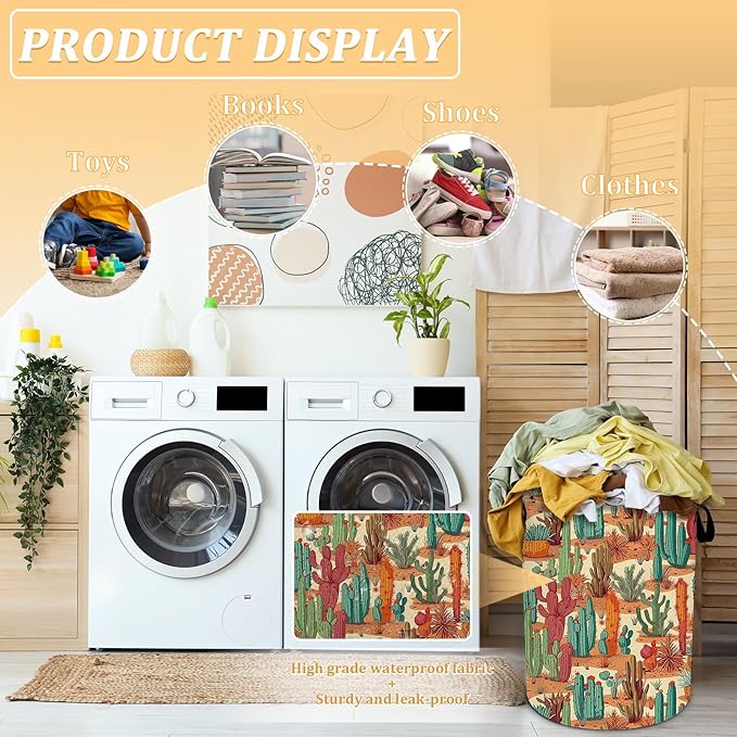 Tropical Cactus Laundry Basket, Foldable Waterproof Oxford Cloth Laundry Hamper Funny Tote Bag Dirty Clothes Storage Bucket Toy Organizer for Bathroom/Laundry/Bedroom 15.7"x19.6"