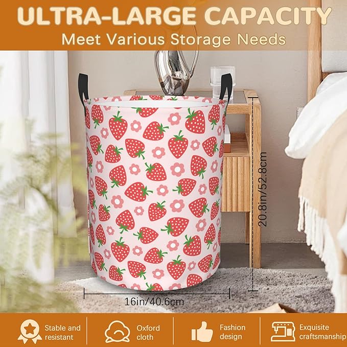 Pink Strawberry Large Storage Basket,Vintage Groovy Flower Laundry Hamper/Bathroom/Home Decor/Collapsible Round Storage Bin,Boys Girls Dirty Clothes Hamper/Boxes/Toys Storage 16x20 Inch