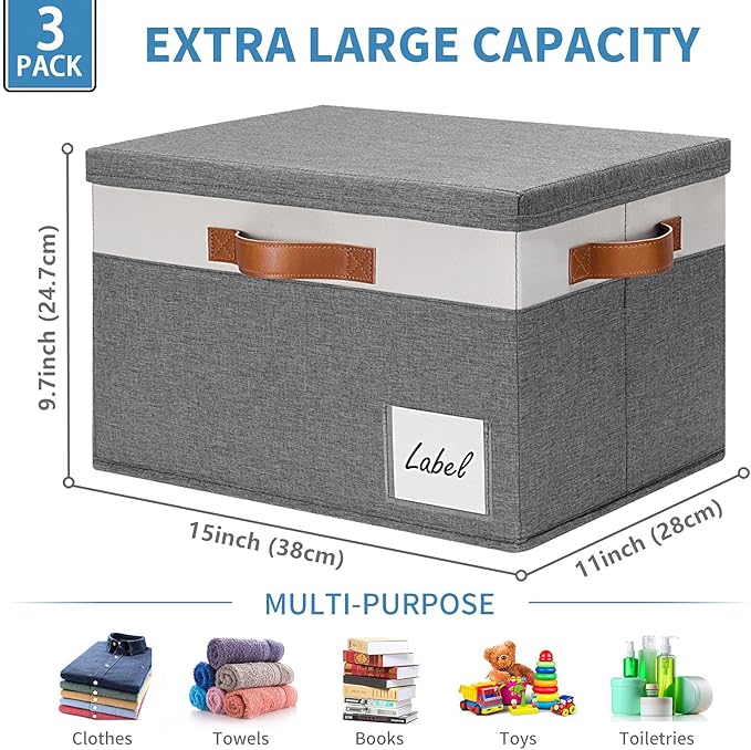 GhvyenntteS Storage Bins with Lids 3 Pack, Large Storage Baskets with Lids and Label, Foldable Fabric Storage Boxes with 3 PU Handles for Organizing Shelves Home Nursery Office (Grey, 15x11x9.6)
