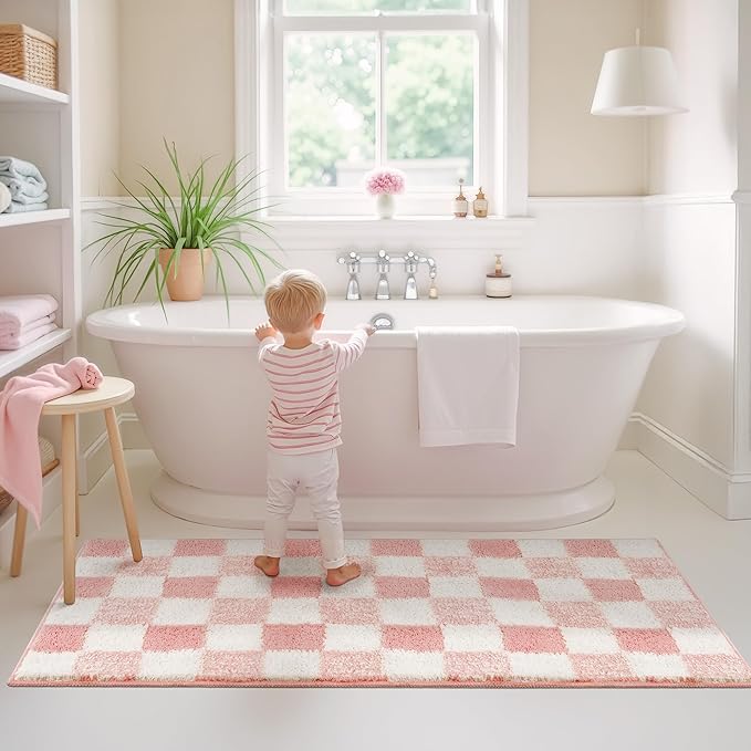 GRANNY SAYS Checkered Pink Bathroom Rugs Decor, 48" x 24", Fluffy Rug, Absorbent Microfiber Ultra Soft Bath Mat Washable, Non-Slip Bath Mats for Bathroom, Cute Floor Mat for Tub, Shower, Bedroom