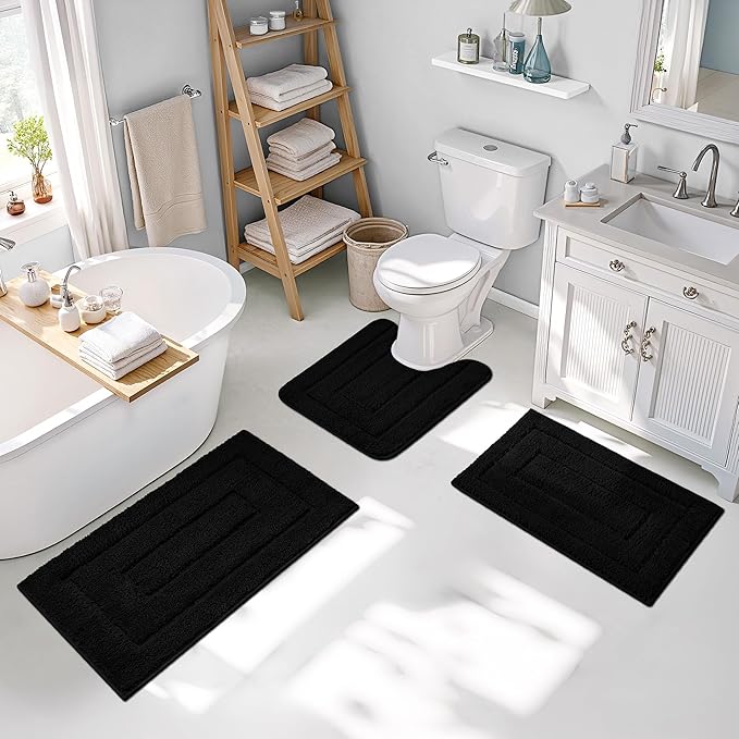 GRANNY SAYS Bathroom Rugs Sets 3 Piece, Soft Absorbent Microfiber Bath Mats for Bathroom Non Slip Washable, U-Shaped Toilet Bath Rugs for Tub Shower (Black, 16" x 24" + 20" x 32" + U Shaped 20" x 24")