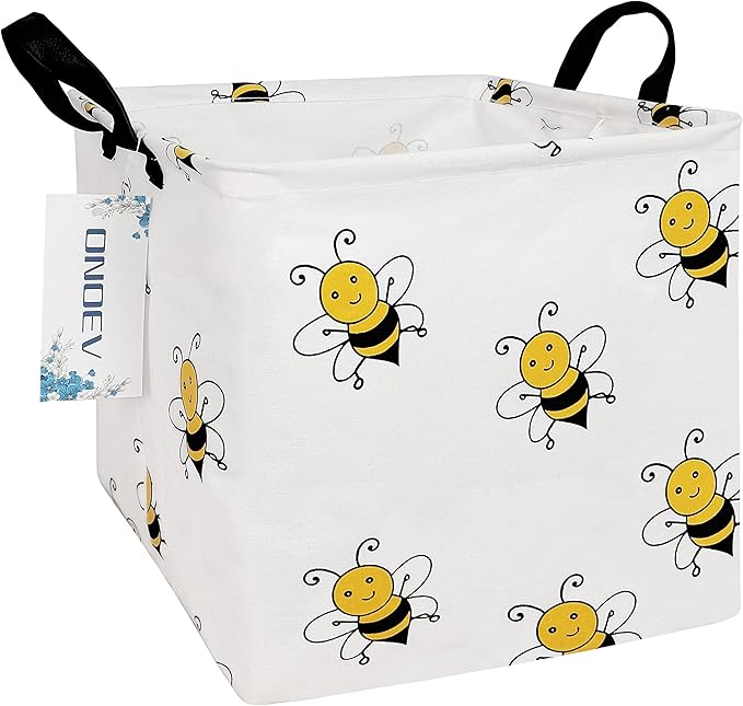 Square Folding Laundry Basket, Canvas Basket,Nersury Hamper,Suitable for Children,Office,Bedroom,Clothes,Toys Storage（Bee