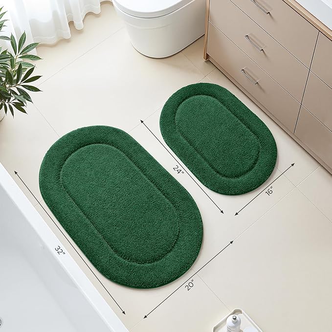 HOMEIDEAS Bathroom Rugs Sets 2 Piece, Soft Bathroom Mats and Absorbent Microfiber Machine Washable Bath Mats for Shower Room, Bathtub, Kitchen (20" x 32" + 16" x 24", Dark Green)