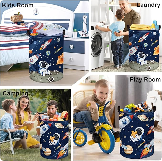 Space Rockets Laundry Hamper Cartoon Astronaut Large Storage Basket Planet Collapsible Parents Organizer Boys Clothes Toy Bins for Bedroom, Bathroom, Blue, 63L