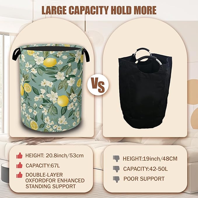 Vintage Lemon Flowers Laundry Basket,Waterproof Foldable Laundry Hamper,Dirty Clothes Basket, Linen Bin Storage Organizer Collection 16" x 20.8"