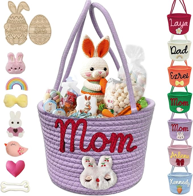 Personalized Easter Basket for Boys Girls Custom Name Baskets with Handle Woven Rope Rabbit Eggs Bucket Gifts
