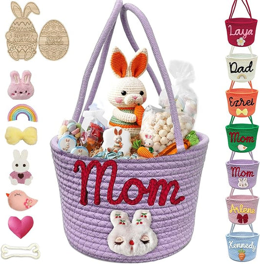 Personalized Easter Basket for Boys Girls Custom Name Baskets with Handle Woven Rope Rabbit Eggs Bucket Gifts
