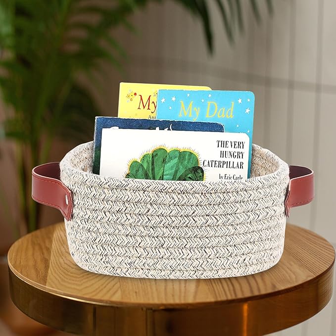ABenkle Small Storage Basket, Mini Baskets, Cute Rope Woven Baskets for Organizing, Square Shelf Storage with Handle, Boho Decorative Toy Bin for Nursery, Spa, Empty Gift Basket - XS, Mixed Brown