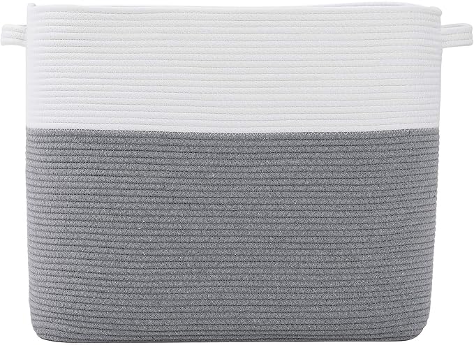 22"x14"x18" Mega Size Rectangular Extra Large Storage Basket, Rectangular Cotton Rope Storage Baskets, Woven Laundry Hamper, Cloth Storage Bin, for Clothes Blanket in Living Room, Grey Basket