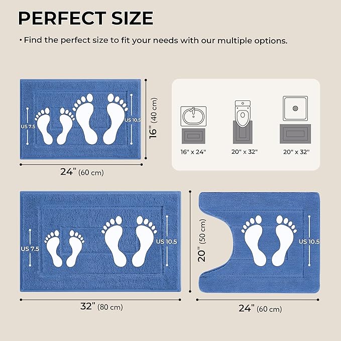 GRANNY SAYS Bathroom Rugs Sets 3 Piece, Soft Absorbent Microfiber Bath Mats for Bathroom Non Slip Washable, U-Shaped Toilet Bath Rugs for Tub Shower (Blue, 16" x 24" + 20" x 32" + U Shaped 20" x 24")