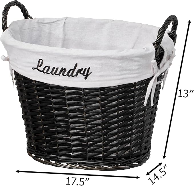 Wickerwise Handwoven Laundry Basket with Liner & Handles - Boho Decorative Storage Hamper for Clothes Blankets Pillows and Towels - Ideal for Laundry Room Bathroom Bedroom and Living Room, Black