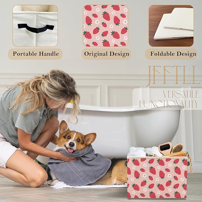 Pink Strawberry Storage Bins with Handles, Girly Room Decor Aesthetic, Preppy Cute Floral Strawberry Fruit Collapsible Laundry Basket Storage Box for Home Bedroom Bathroom Clothes Toys Books