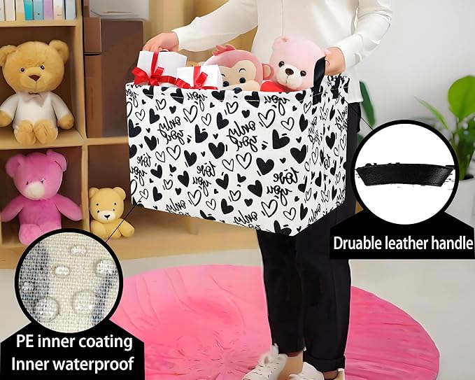 Large Valentine's Day Basket Heart Shaped Storage Bin for Gifts Collapsible Organizer Room Decor (Black Hollow Entity Love)